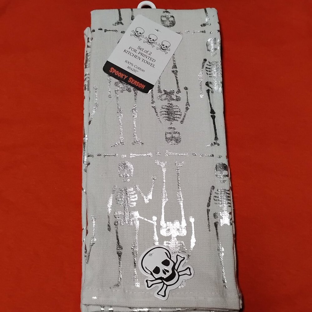 2 pack Halloween Skeleton Silver Foil Kitchen Towels